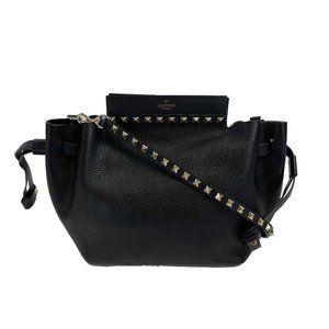 Valentino - Rockstud Drawstring Black Leather Shoulder Bag / Crossbody